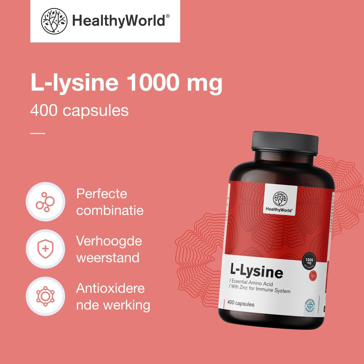 Thumbnail 1 de HealthyWorld L-Lysine Hydrochloride 1000 mg met zink, 400 capsules
