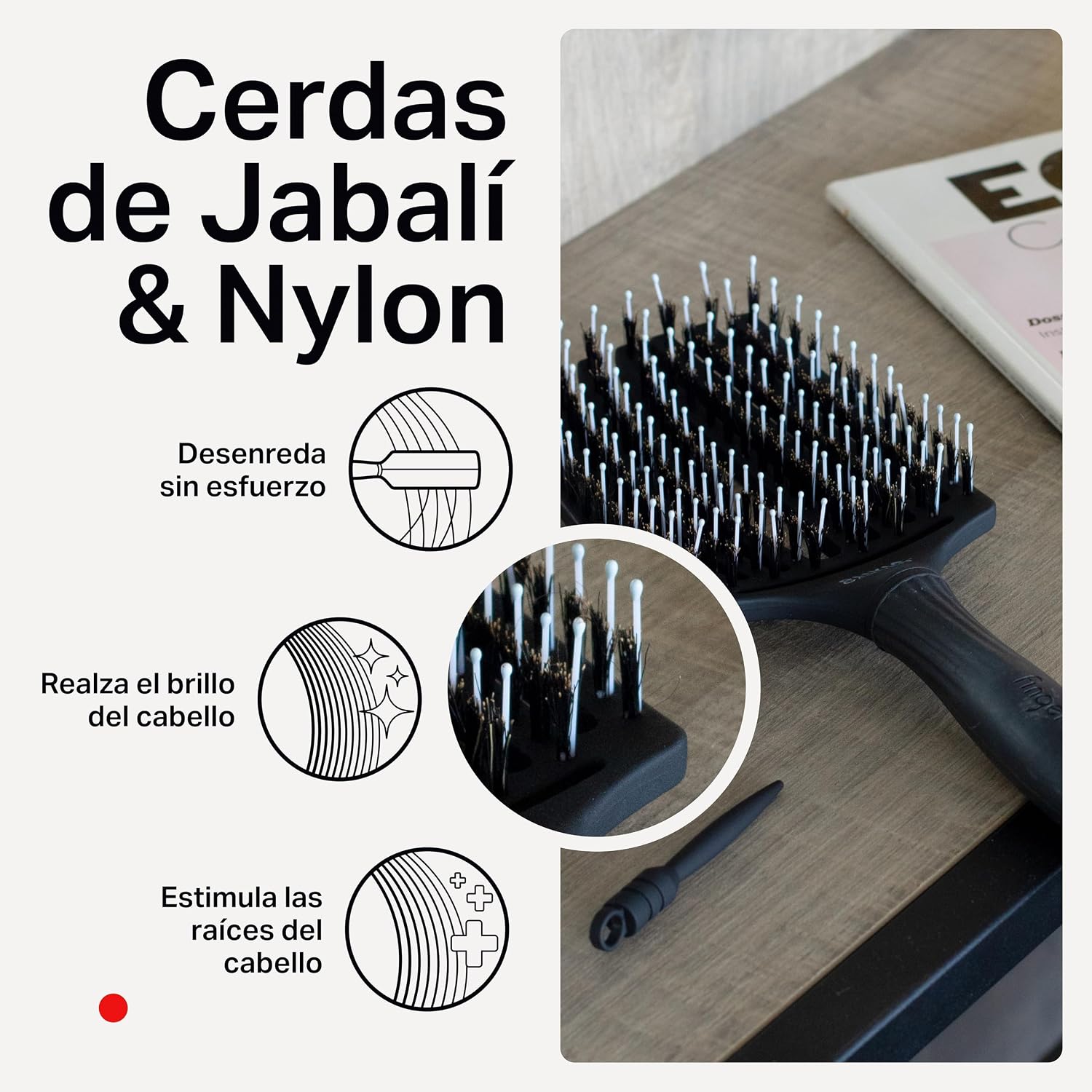 Detalle de Olivia Garden Fingerbrush Combo Large – Cepillo para cabello largo con cerdas de jabalí y nylon