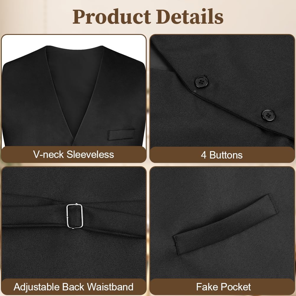 Detalle de AUYAO effen herenvest in zwart polyester met V-hals en knoopsluiting