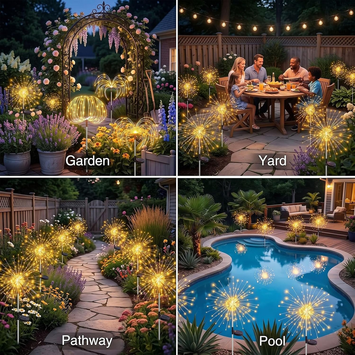 Detalle 2 de Yowin Firework Solar Lights Outdoor Garden 4 Pack – 120 LED Dandelion Copper Wire Stake Lights