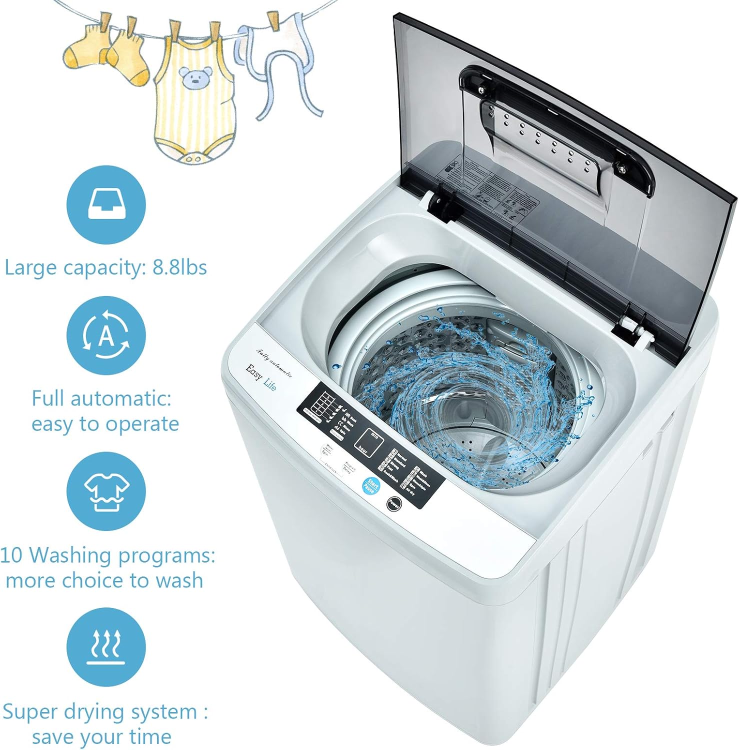 Detalle de COSTWAY 24640US-CYPE Portable Top-Load Washer, 8.8 lb, Drain Pump