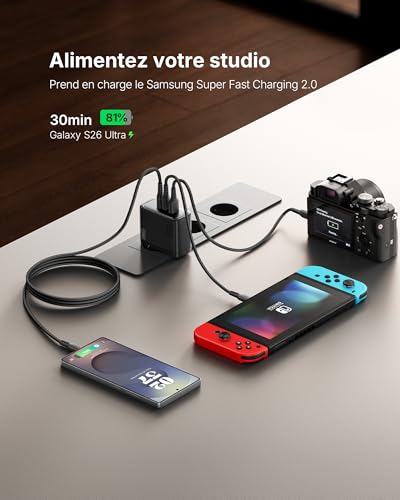 Detalle de INIU 100W Chargeur USB-C à 3 ports avec câble inclus – rapide, compact et sûr