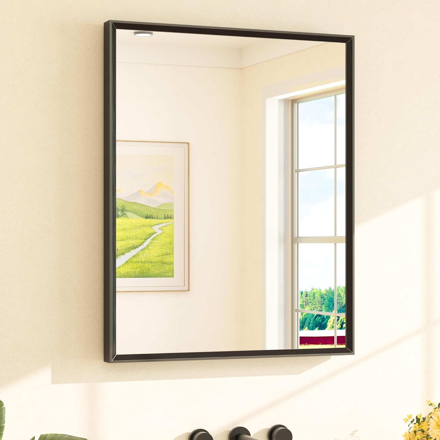 Detalle de TETOTE Black Bathroom Mirror for Over Sink 24" x 30" – Matte Black Rectangle Frame, Tempered Glass, Beveled Edge