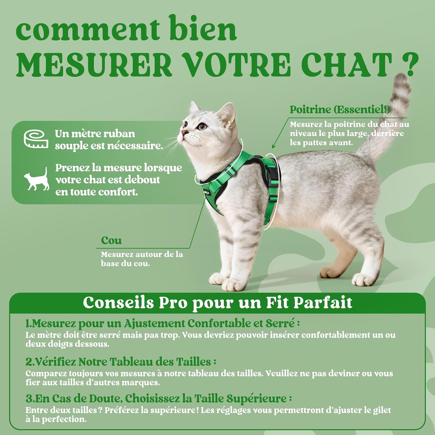 Detalle 2 de rabbitgoo Harnais chat anti-évasion avec laisse et gilet réfléchissant, réglable XS (vert herbe)