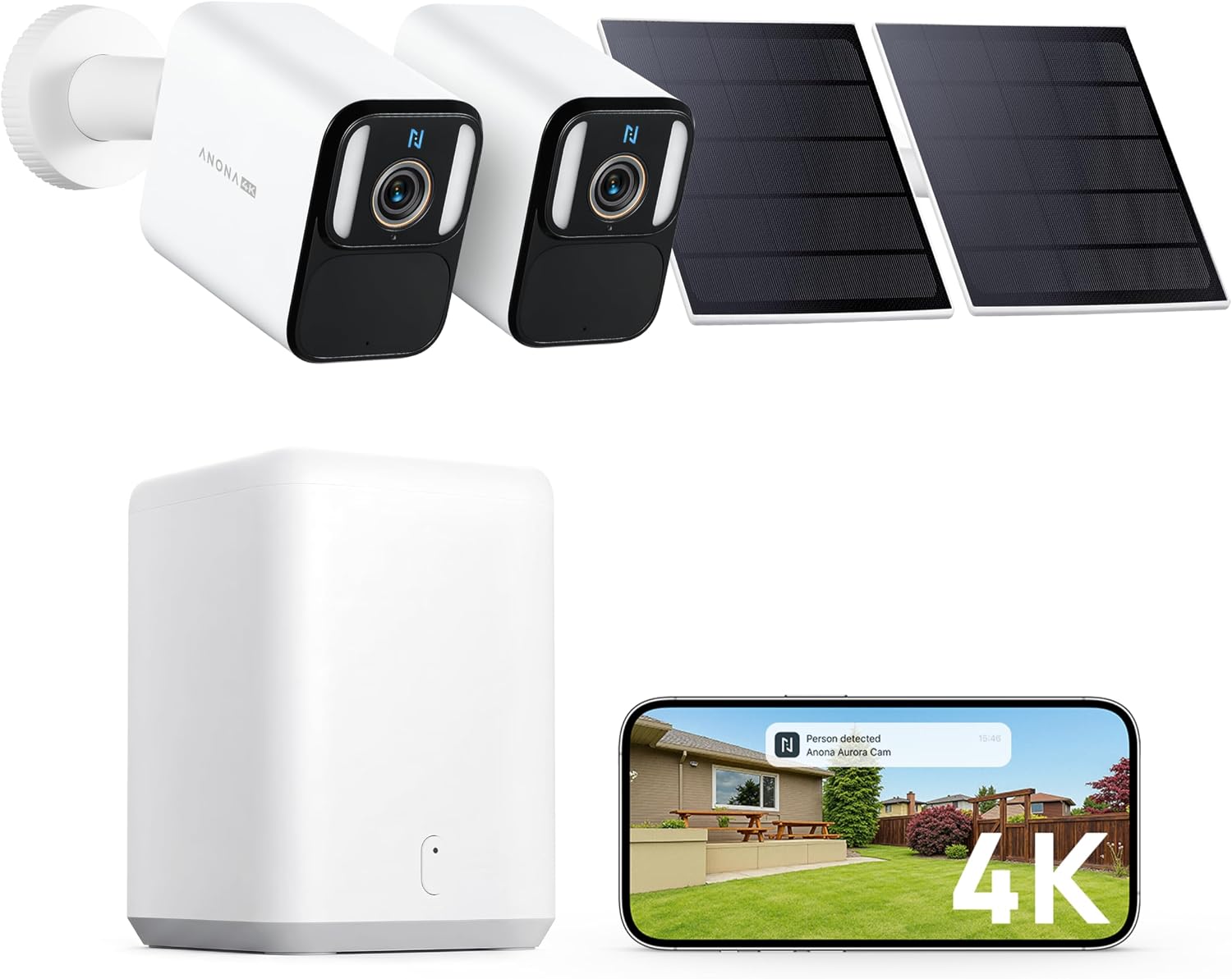 Detalle de Anona Aurora 4K Kit 2 Pezzi + SmartBase: telecamere solari Wi‑Fi 2.4 GHz per esterni con rilevamento IA e registrazione 24/7