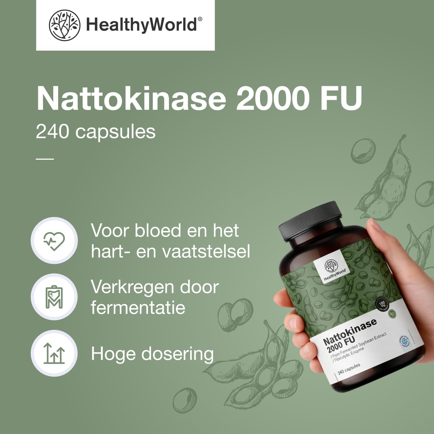 Detalle de HealthyWorld Nattokinase 2000 FU capsules, 100 mg, vegan, 240 stuks