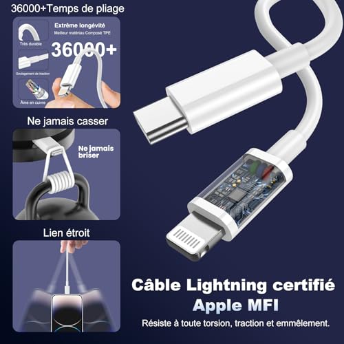 Detalle de Chargeur iPhone 20W en duo avec câbles Lightning 2 m & 3 m certifiés MFi – Ailawuu