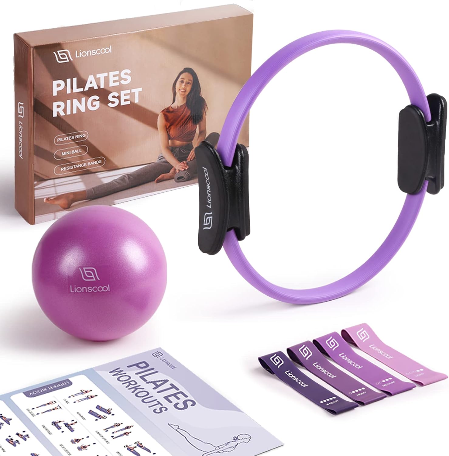 Detalle de LIONSCOOL Pilates Ring Set: 14-Inch Magic Circle with Cushioned Handles, Anti-Burst Mini Ball, Resistance Bands & Accessories