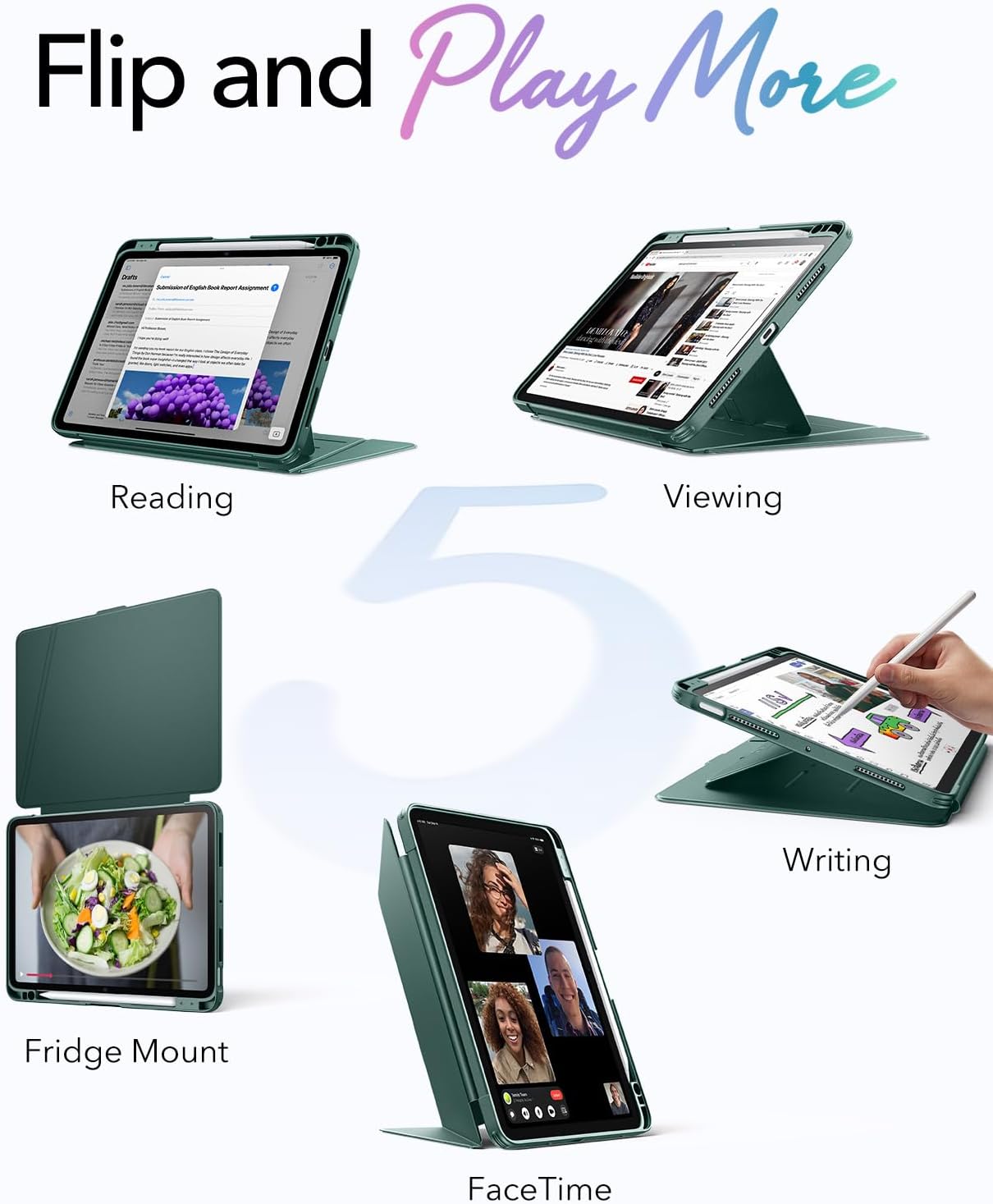 Detalle de ESR Flip Magnetic iPad Air 11 Inch Case (M4/M3/M2 & 5th/4th Gen) with Vertical Stand, Pencil Holder – Midnight Green