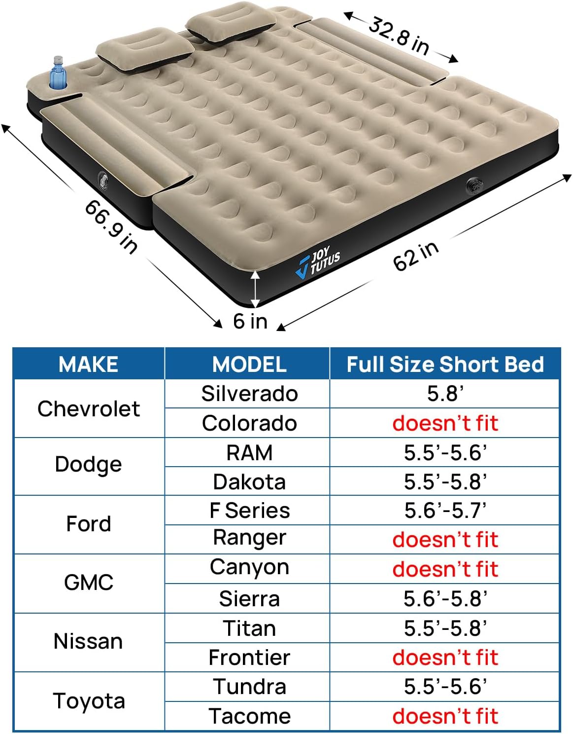 Detalle de JOYTUTUS Truck Bed Mattress for 5.5-5.8Ft - Full Size Inflatable Mattress with Cup Holder and Cavity Design