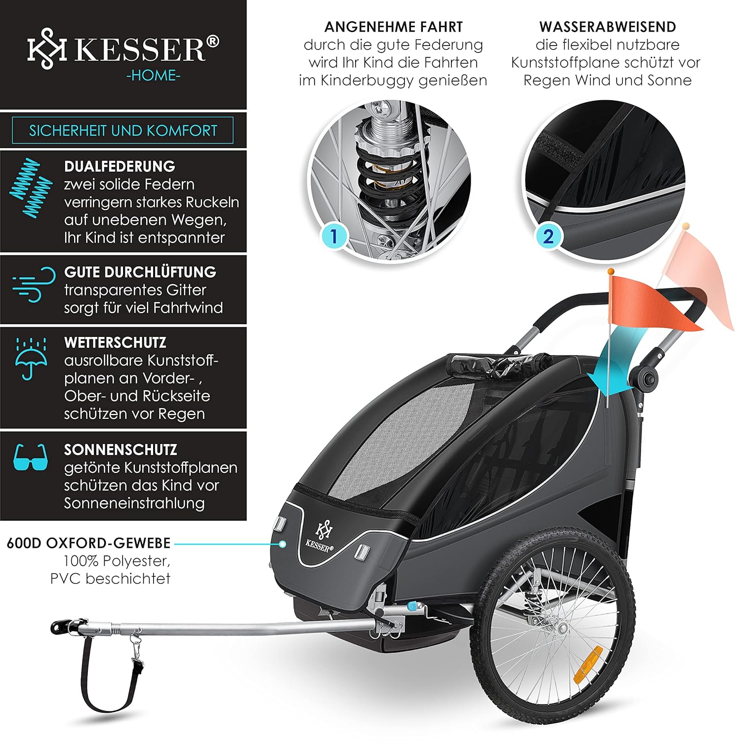 Thumbnail 2 de KESSER® Kinderanhänger 2in1 für 1–2 Kinder 40 kg