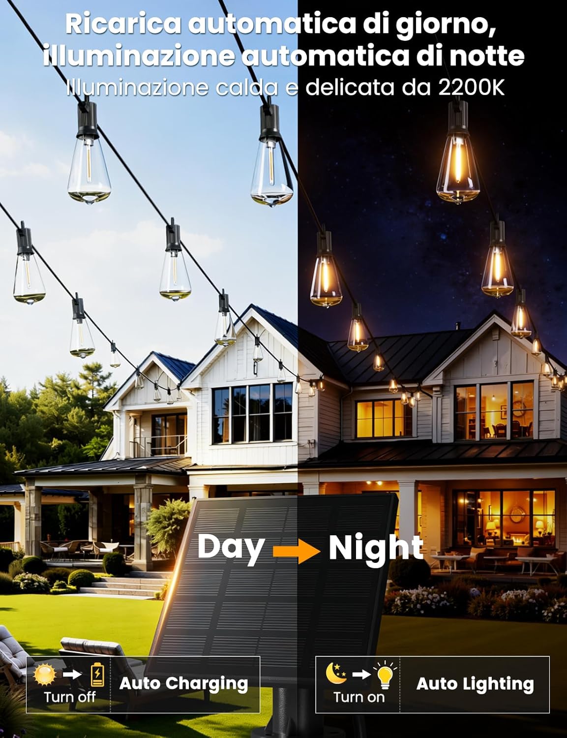 Thumbnail 4 de ZOTOYI catena luminosa solare da esterno 10+1 luci LED da 9 metri con pannello solare e USB-C, 4 modalità, IP65