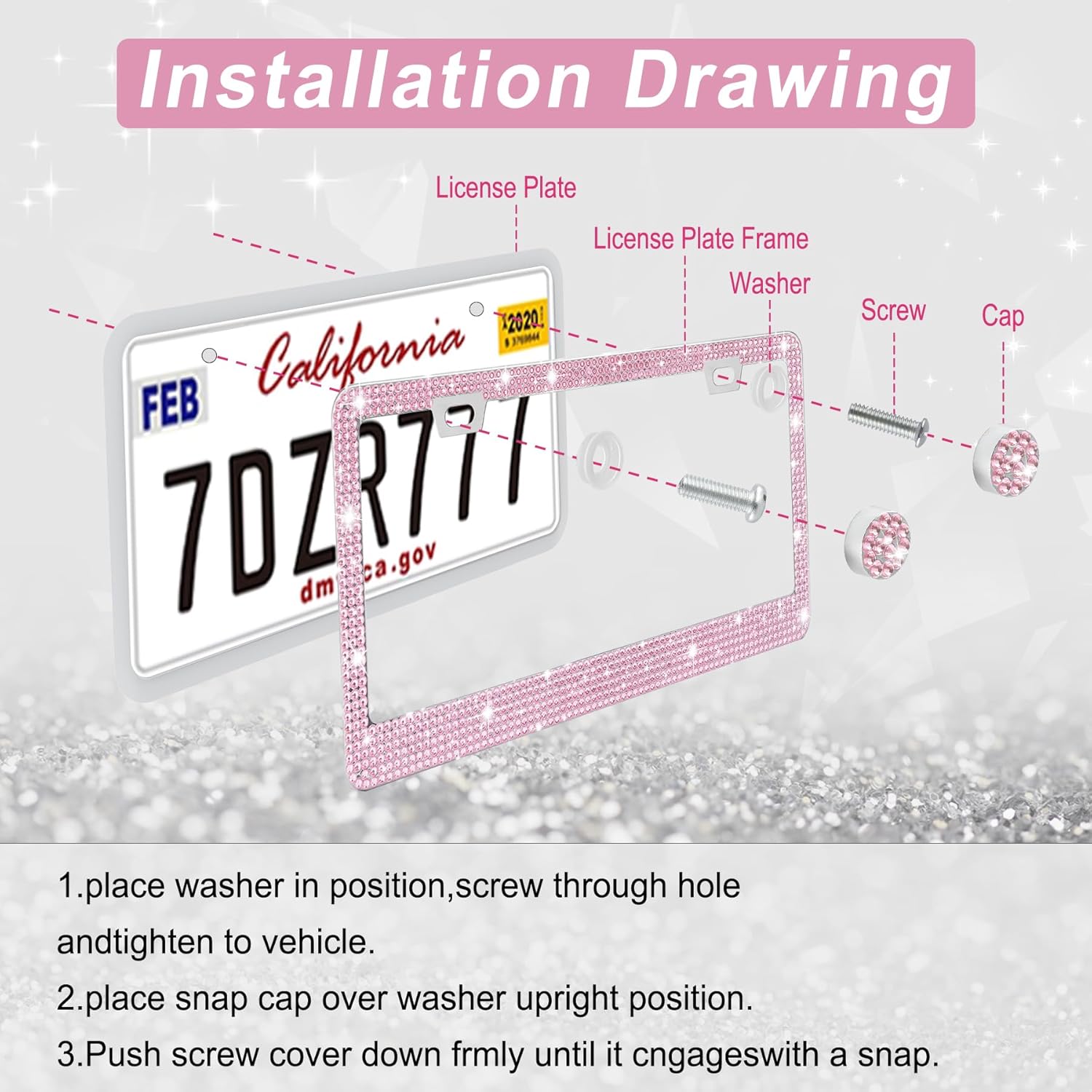 Detalle 1 de Amiss Bling women’s license plate frame (2-pack) with rhinestone sparkle caps – Pink stainless steel