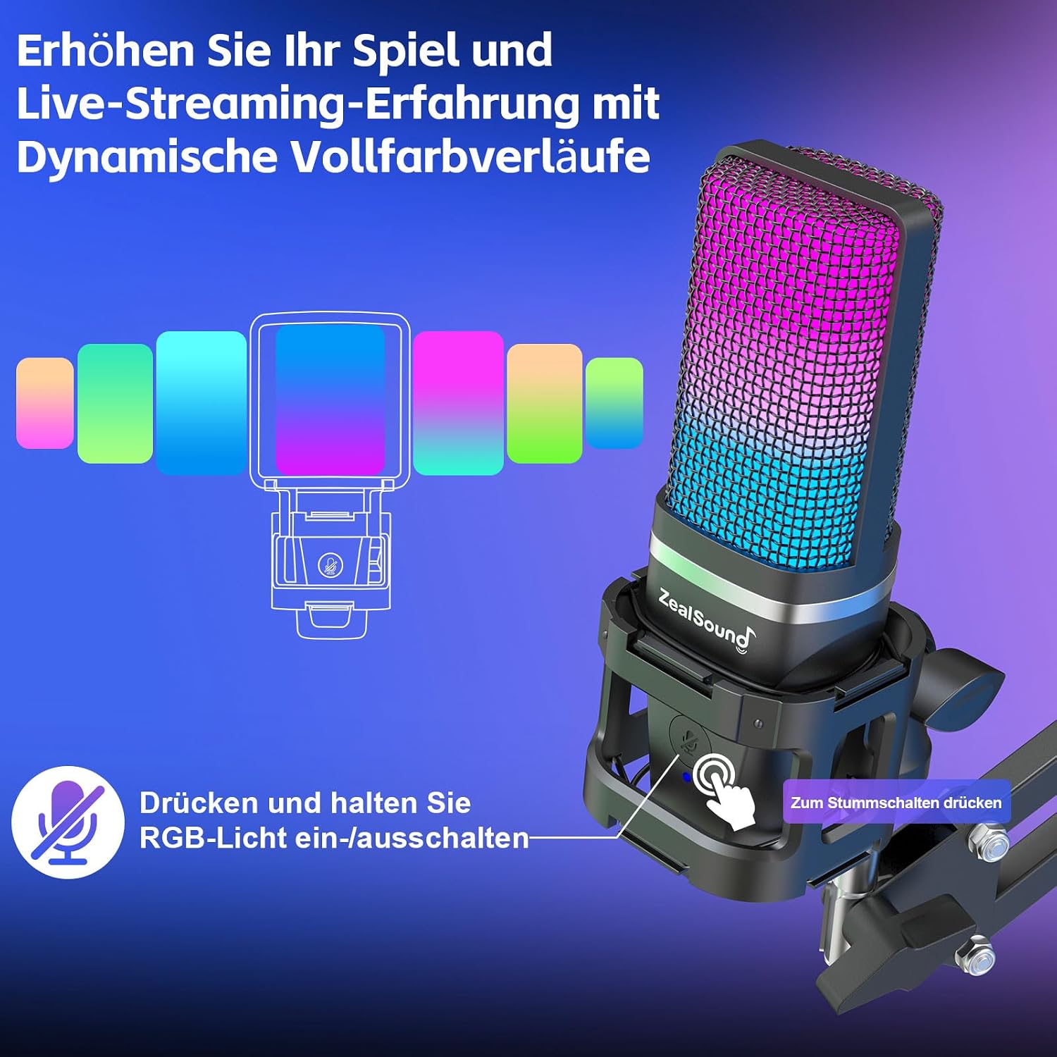 Detalle de zealsound USB Gaming Mikrofon 96 kHz mit RGB