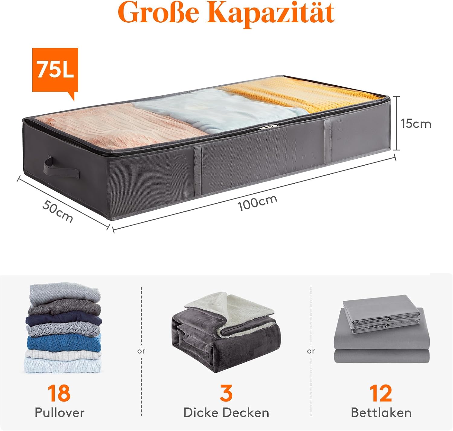 Detalle 2 de Lifewit Aufbewahrungstasche Unterbettkommode (3er-Set, 75L) – faltbar, mit Deckel und transparentem Fenster, grau