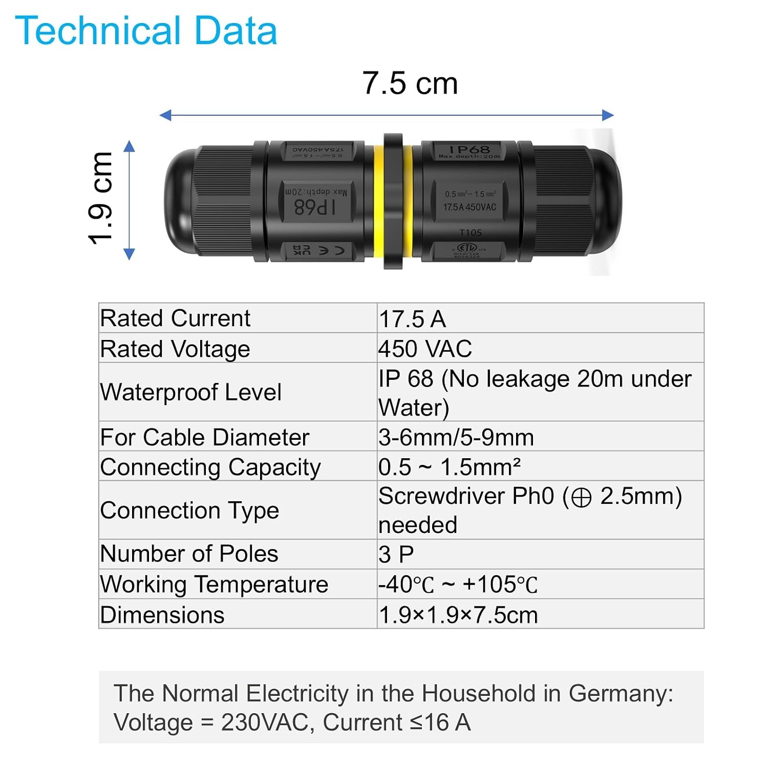 Thumbnail 6 de EASERIA 17.5A (Normal) IP68-kabelconnector, 3-polig, voor kabels van 3–9 mm