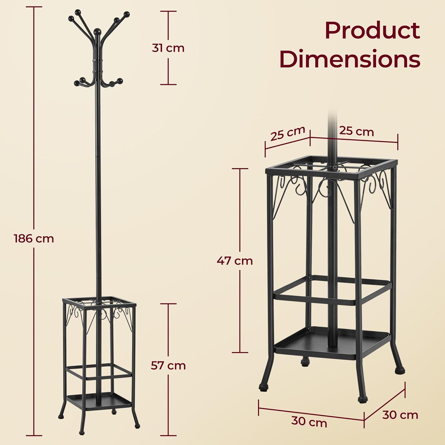 Thumbnail 1 de Yaheetech 186 cm Metal Coat Stand with 8 Hooks, Umbrella Holder and Solid Base – Free Standing Black