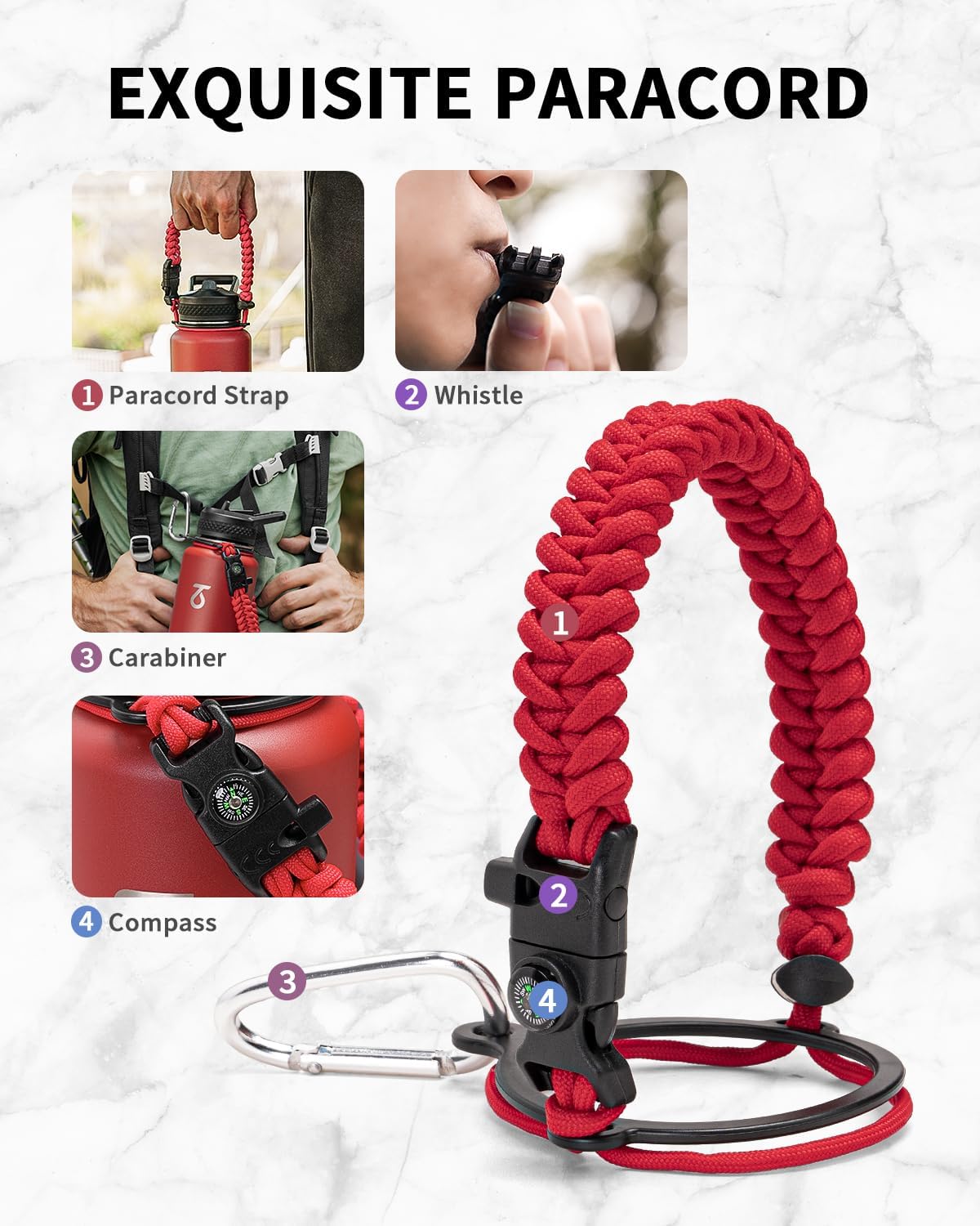 Detalle 2 de Trebo Borraccia Termica 1183 ml con Cannuccia e Paracord – Acciaio Inox, tre coperchi, bocca larga, rosso