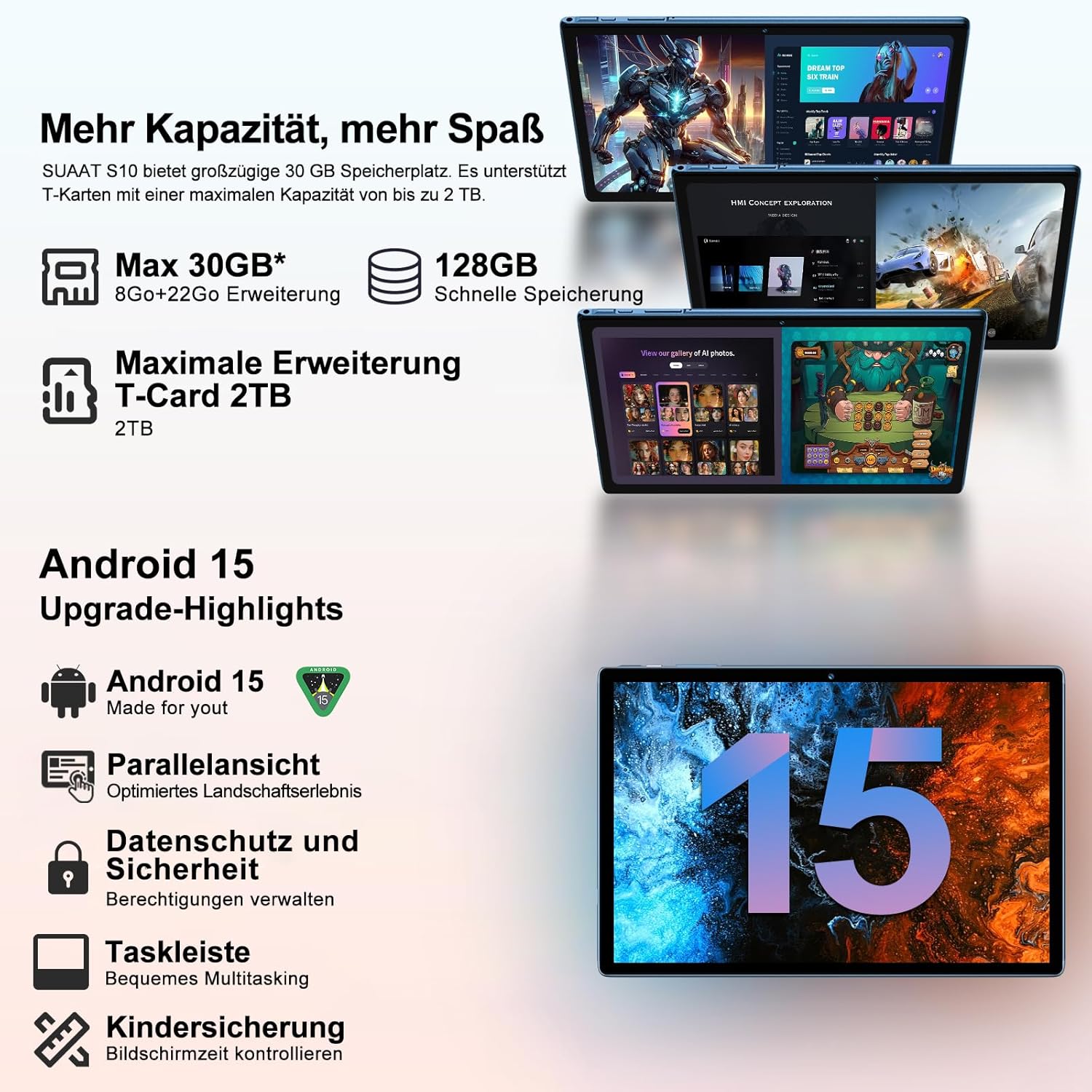 Thumbnail 2 de SUAAT 2026 Android 15 Tablet (10,1 Zoll) mit Gemini AI, 30 GB RAM, 128 GB Speicher & 8.000 mAh – 2TB microSD möglich