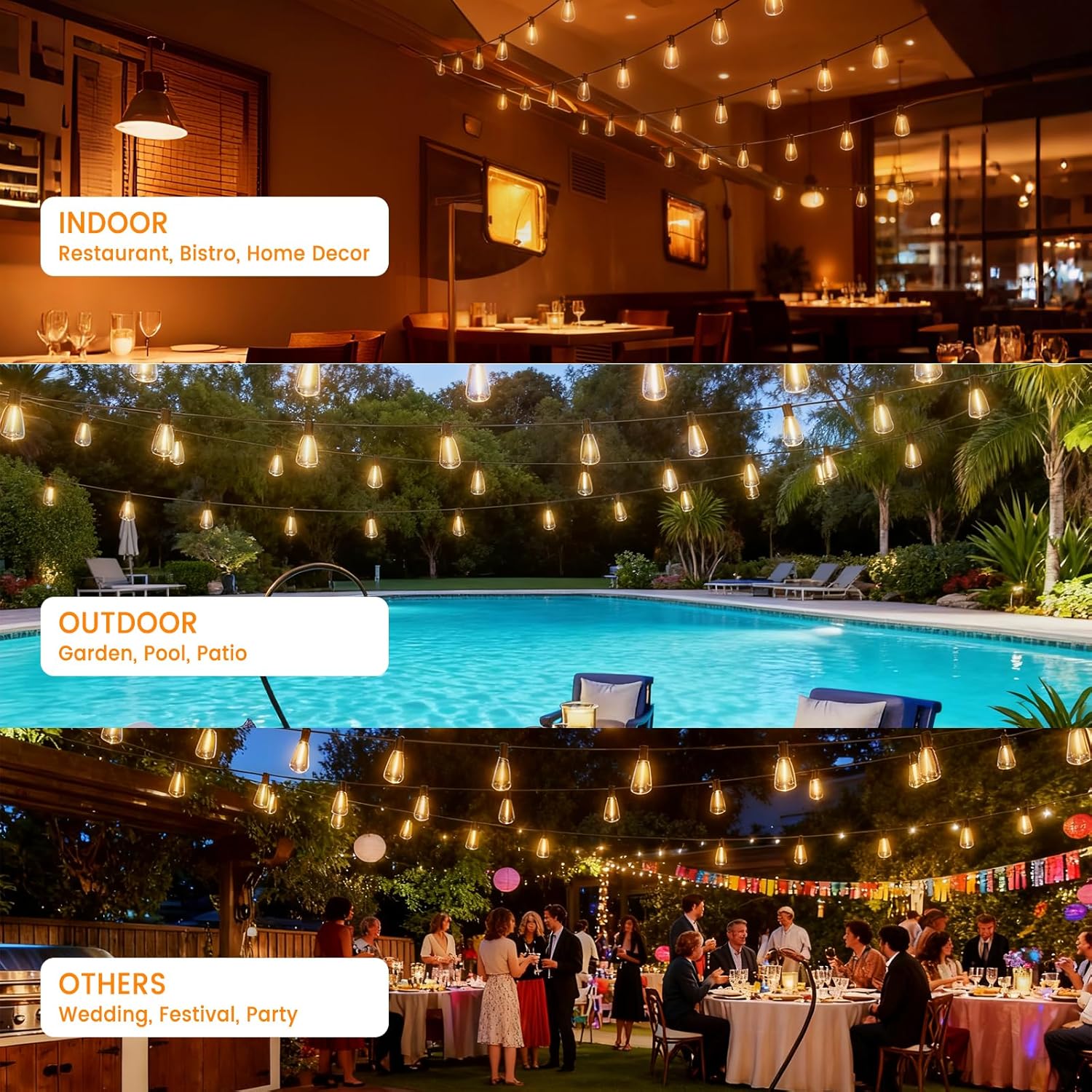 Detalle 2 de LED Outdoor String Lights 400ft with 212 Shatterproof ST38 Bulbs — Weatherproof, Dimmable, Connectable Patio Lighting