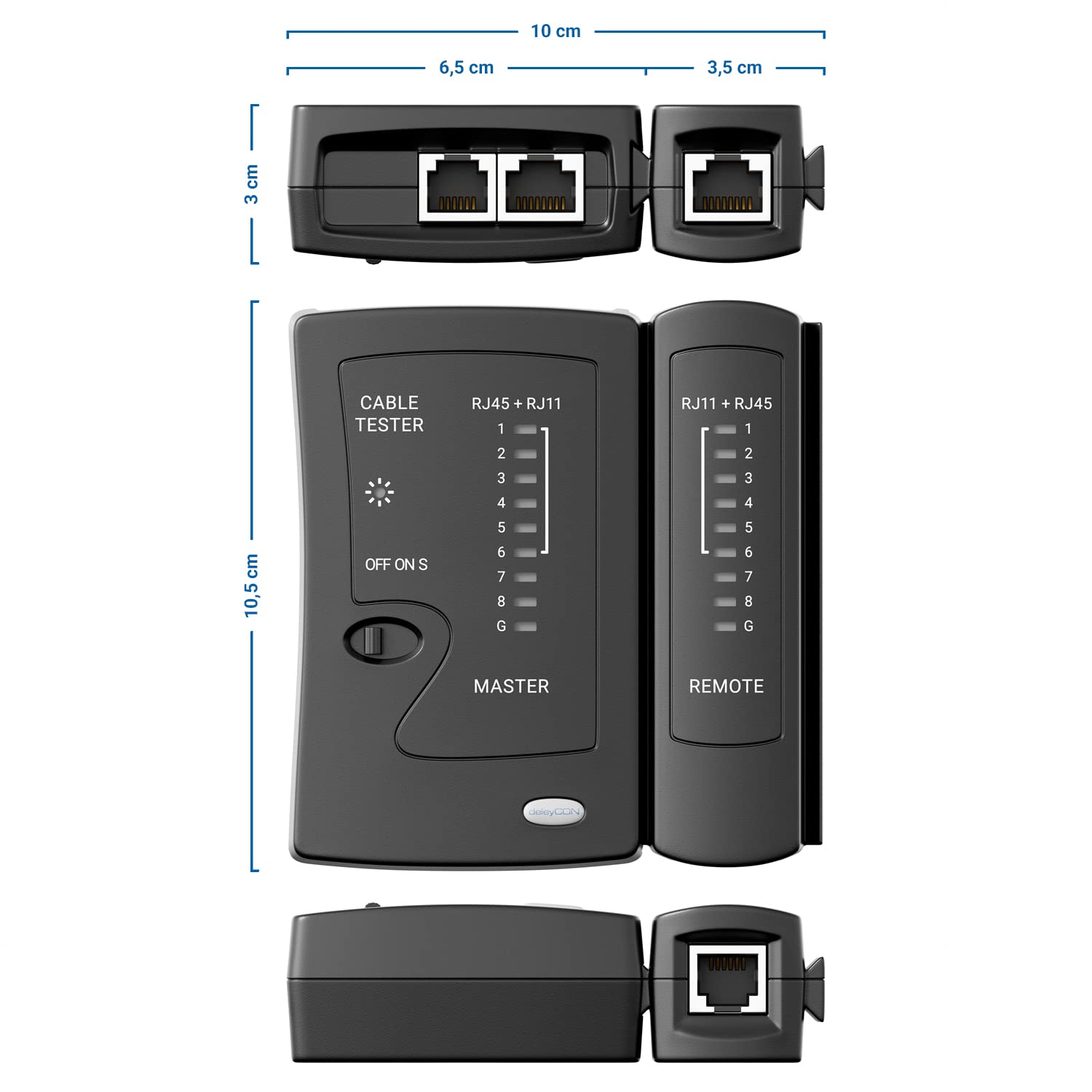 Detalle 1 de deleyCON MK5196 nätverkskabeltestare för RJ11, RJ12 och RJ45 med LED