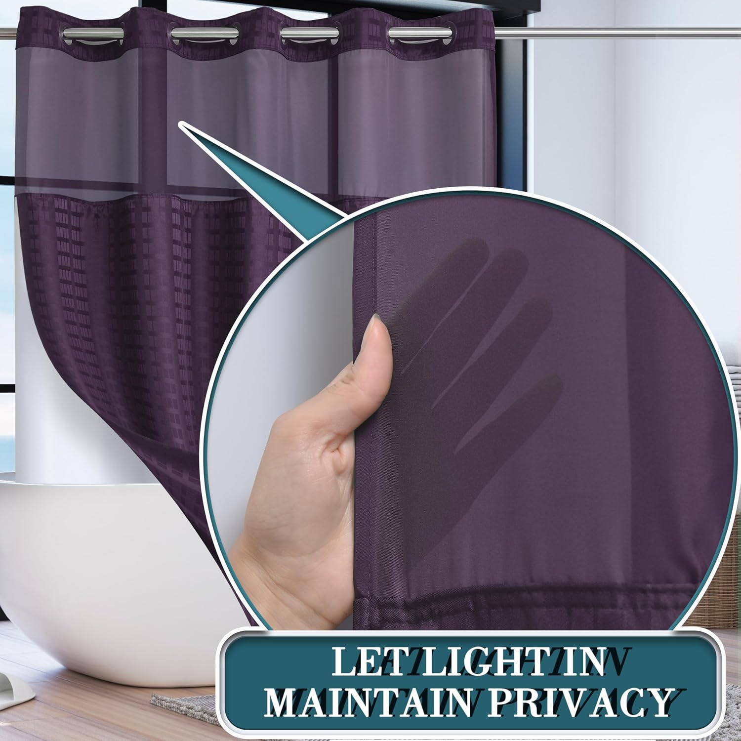 Detalle de Conbo Mio 1 Hotel-Style Shower Curtain, Check-Purple, 71W x 74H
