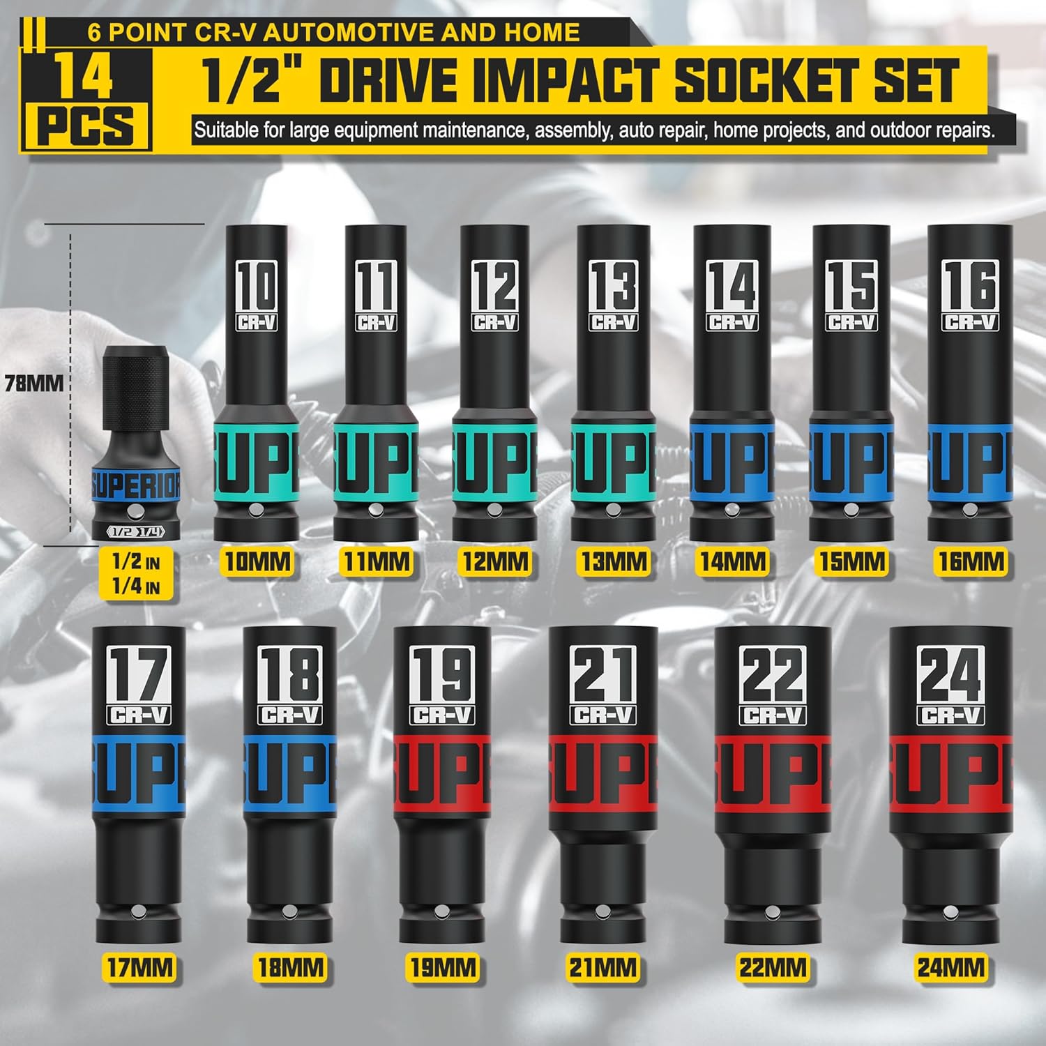 Thumbnail 1 de KIRXST 14-Piece 1/2" Drive Impact Socket Set with Deep Sockets (10–24mm) and Case