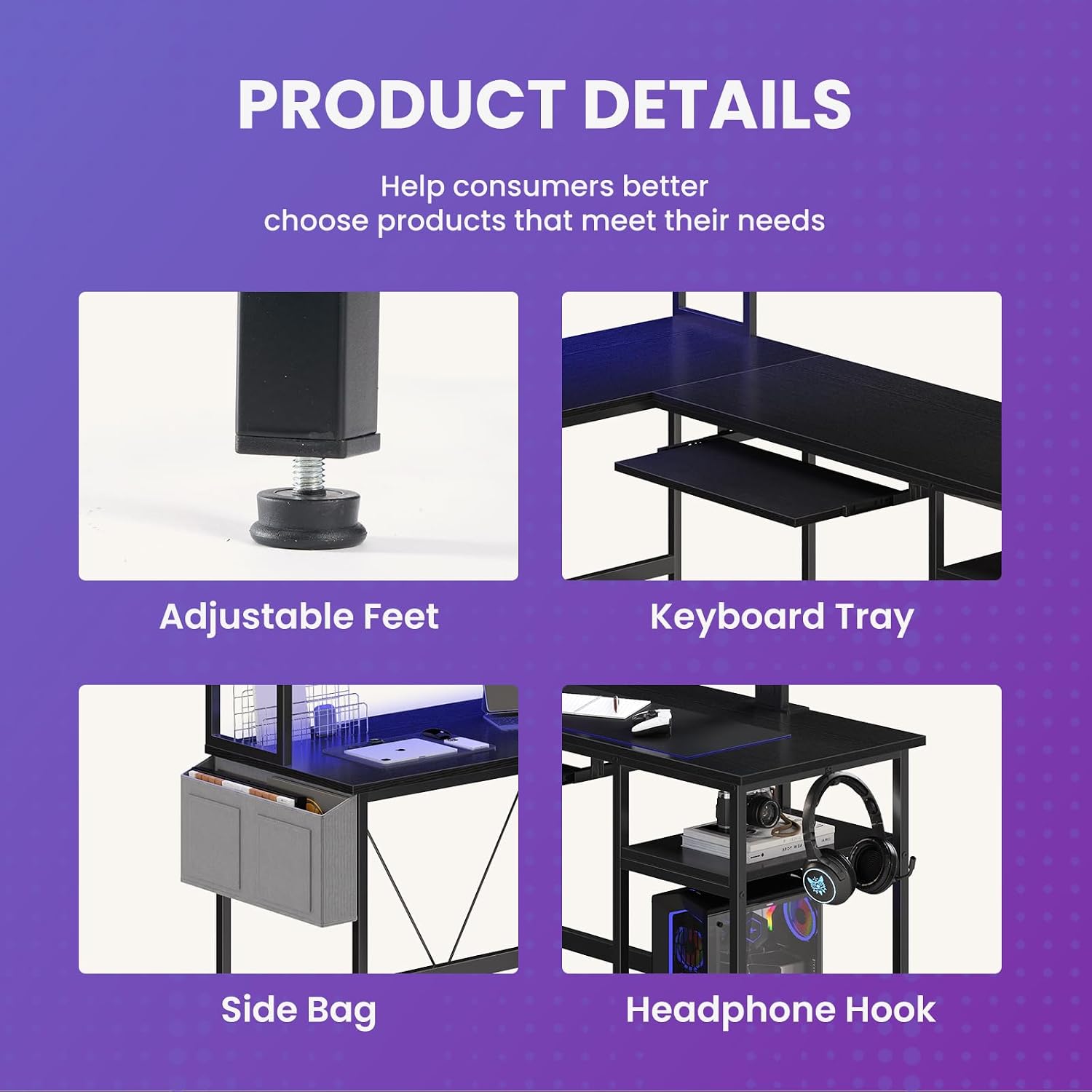 Detalle 2 de DUMOS L-Shaped Gaming Desk, 67-Inch