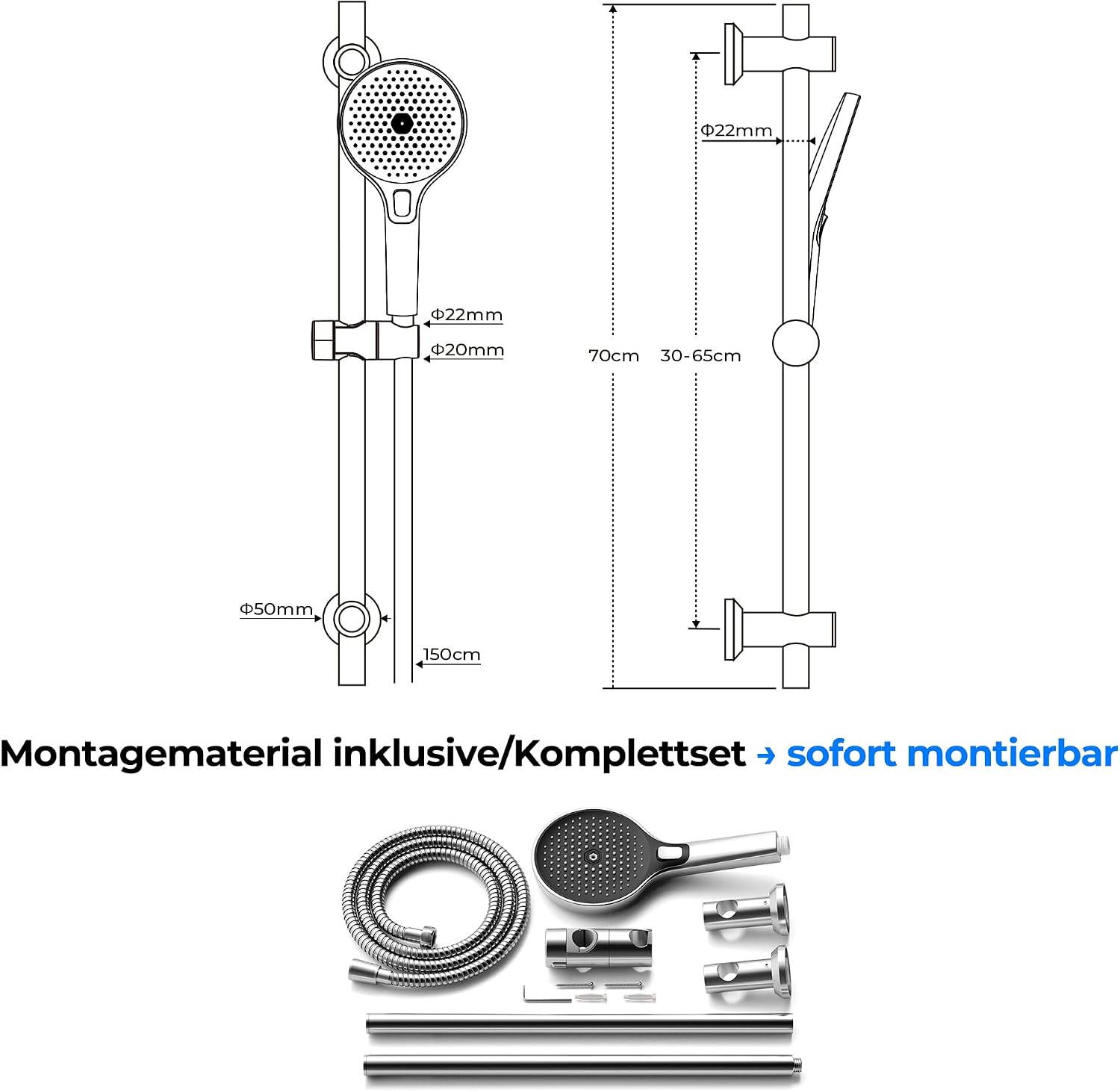 Thumbnail 6 de JOHO Edelstahl Duschstange 70 cm – Duschset mit XXL-Handbrause, Schlauch & verstellbarem Halter