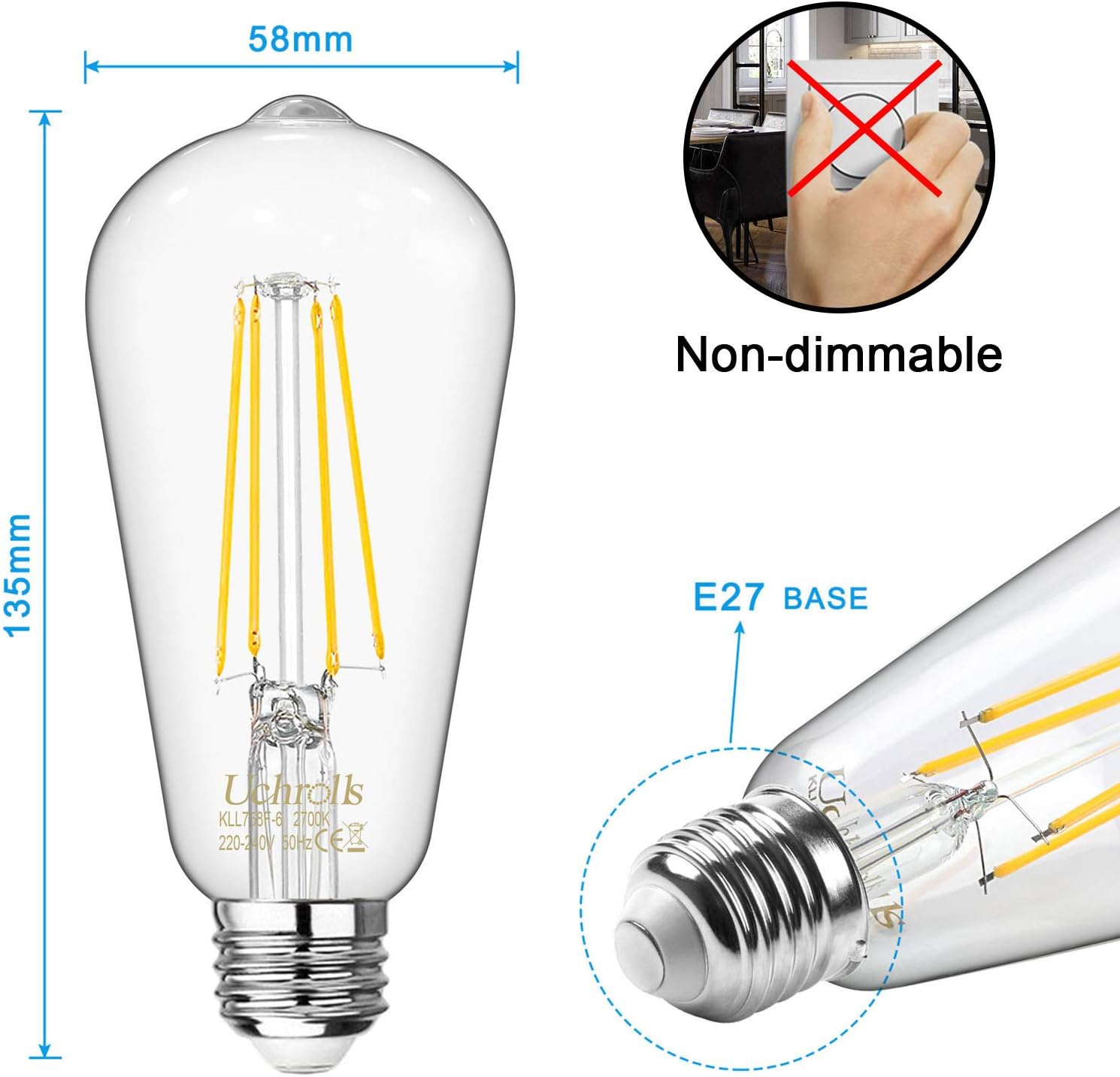 Detalle de Uchrolls Vintage Edison Light Bulb ST58 – 6W E27, Warm White 2700K, 800lm, Pack of 5