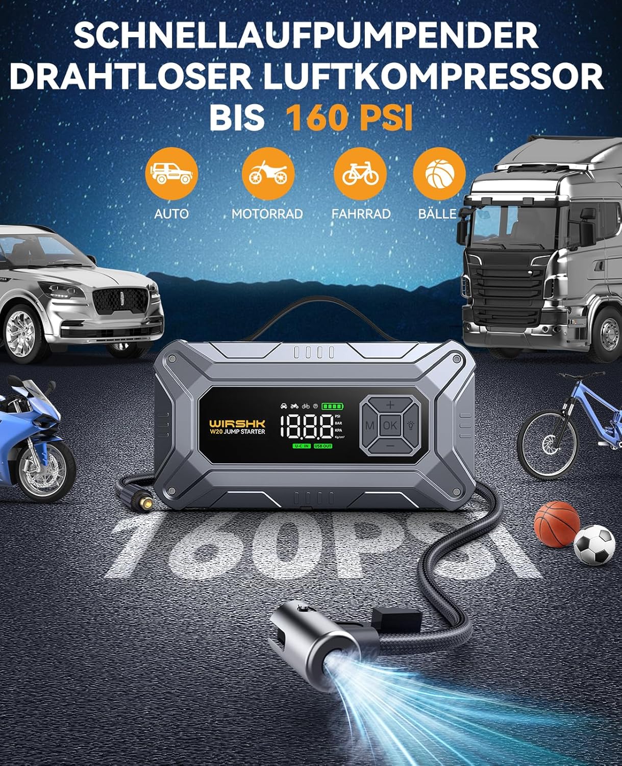 Thumbnail 2 de WIRSHK Batterie Booster 8000A mit Luftpumpe (160 PSI), Display & Notleuchte