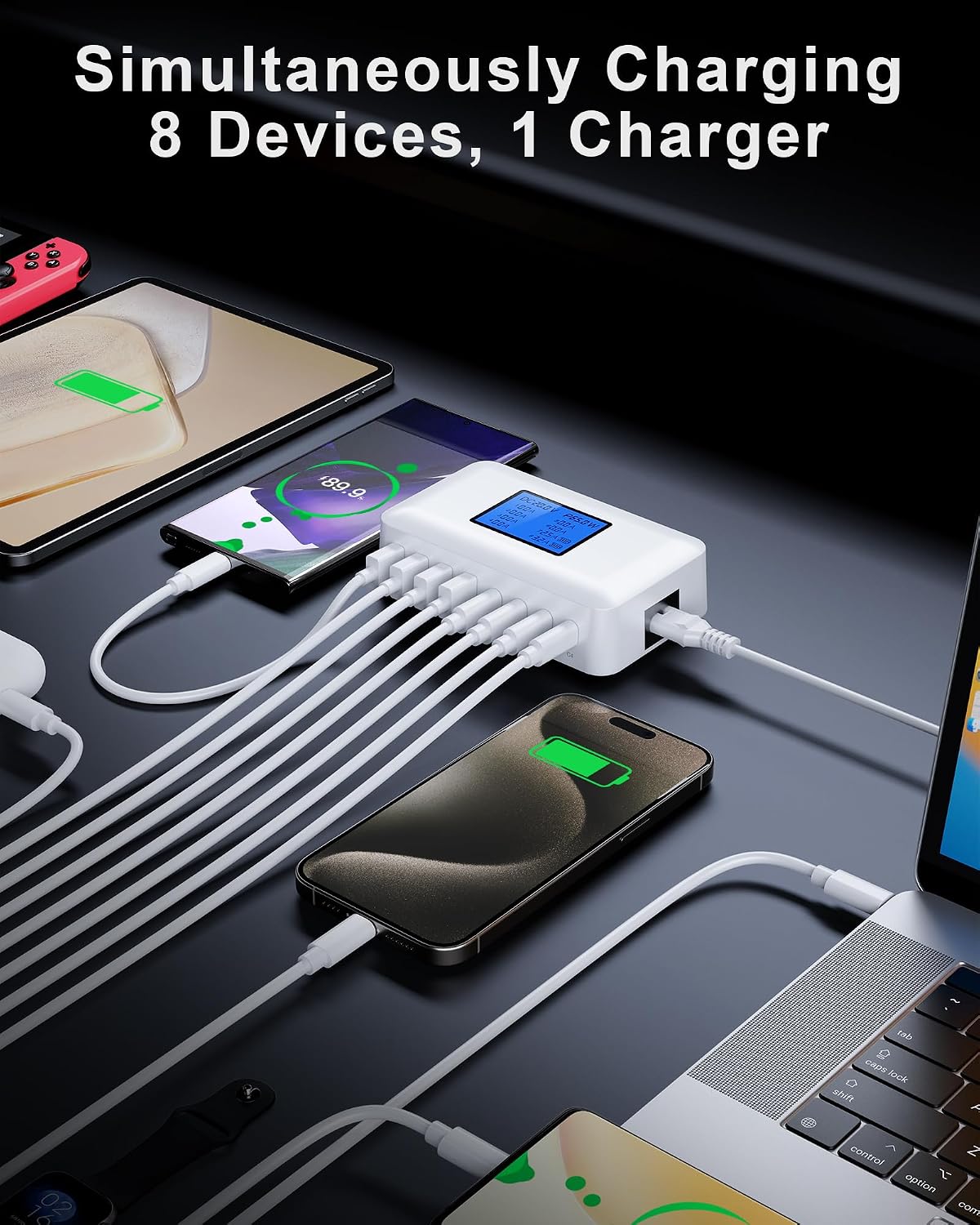 Detalle de RENGOGA USB-laddare med 8 portar, GaN, LED-skärm och 200 W