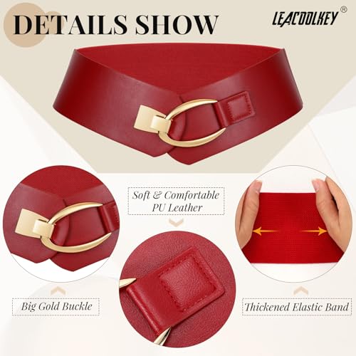 Detalle de LEACOOLKEY Damen breiter elastischer Gürtel – Vintage-Style mit goldener Schnalle