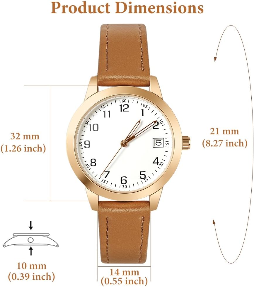 Detalle 2 de OFFCUP Damenuhr Leder – Quarz-Armbanduhr mit Datum, 32 mm Zifferblatt, Lederarmband