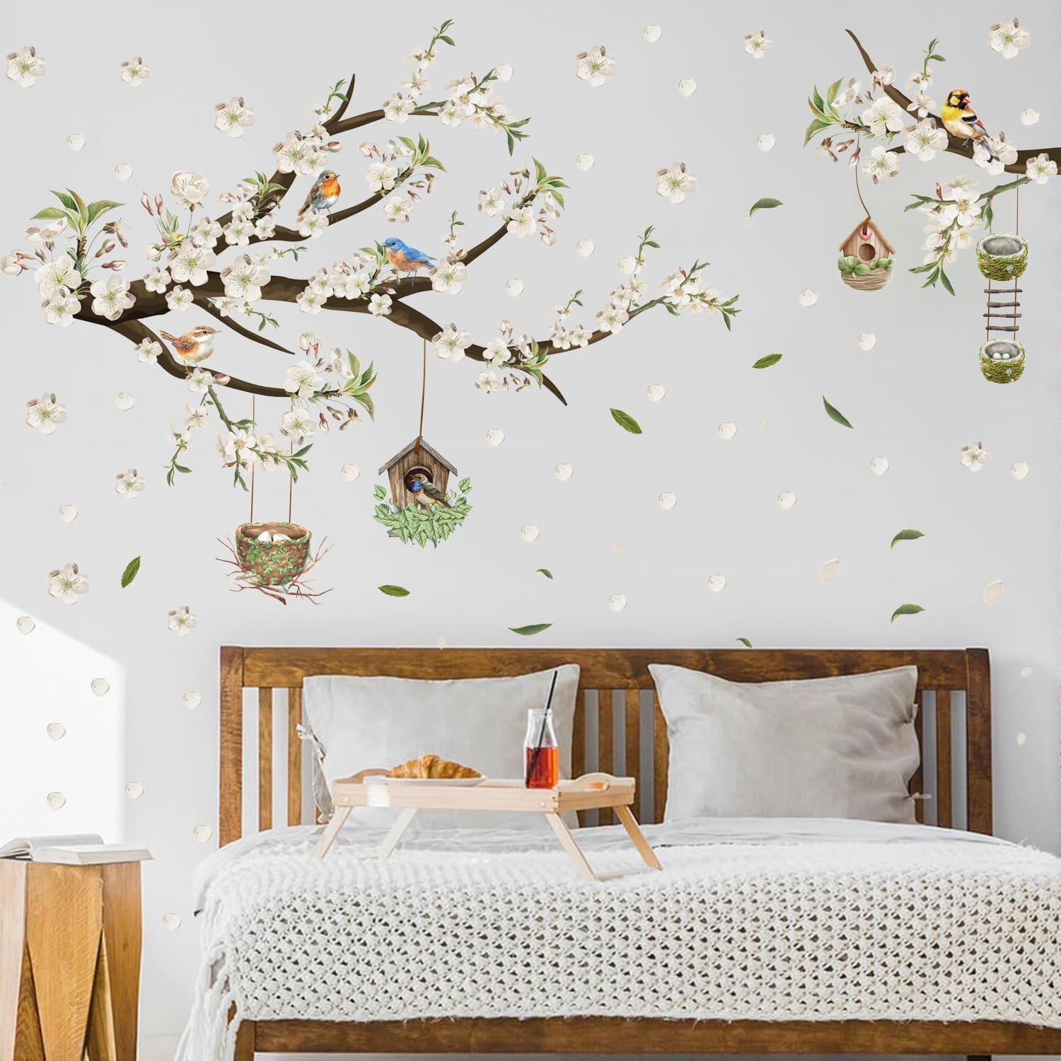 Detalle de HPNIUB Flower Tree Branch Birds Wall Stickers (White floral wall art) 84 x 30cm