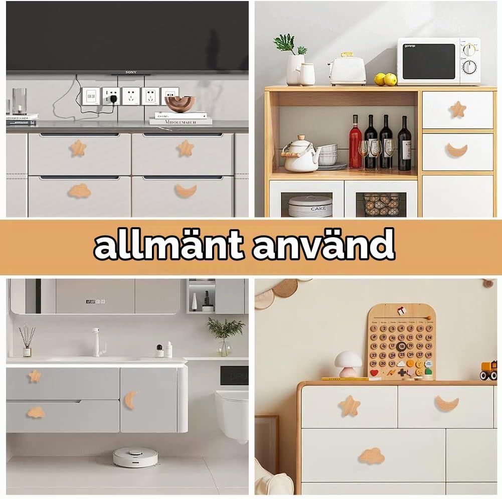 Detalle 1 de Aolso 5155634 skåpknoppar i trä, 6-pack med stjärna, måne och moln