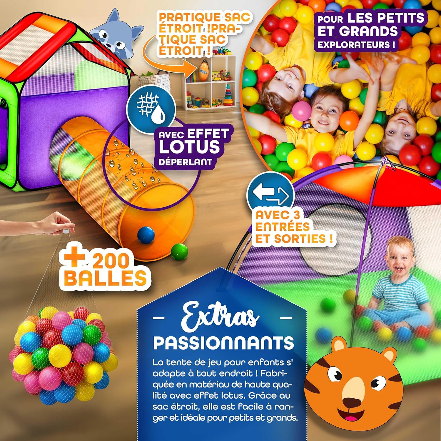 Detalle de Tente de jeu KIDUKU Igloo avec tunnel, maison, 200 balles et étui de transport
