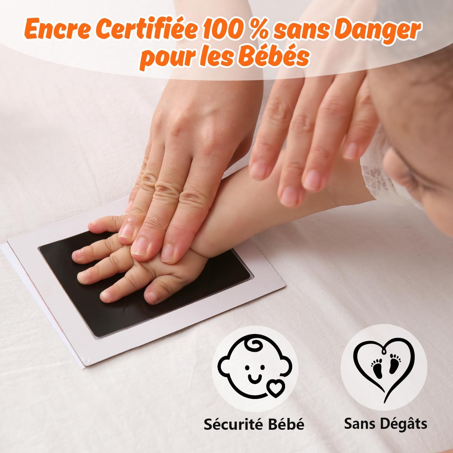 Detalle 2 de PewinGo Cadre d’Empreintes Bébé encre Clean Touch — Cadre élégant et tampon sûr pour nouveau-né (Blanc)