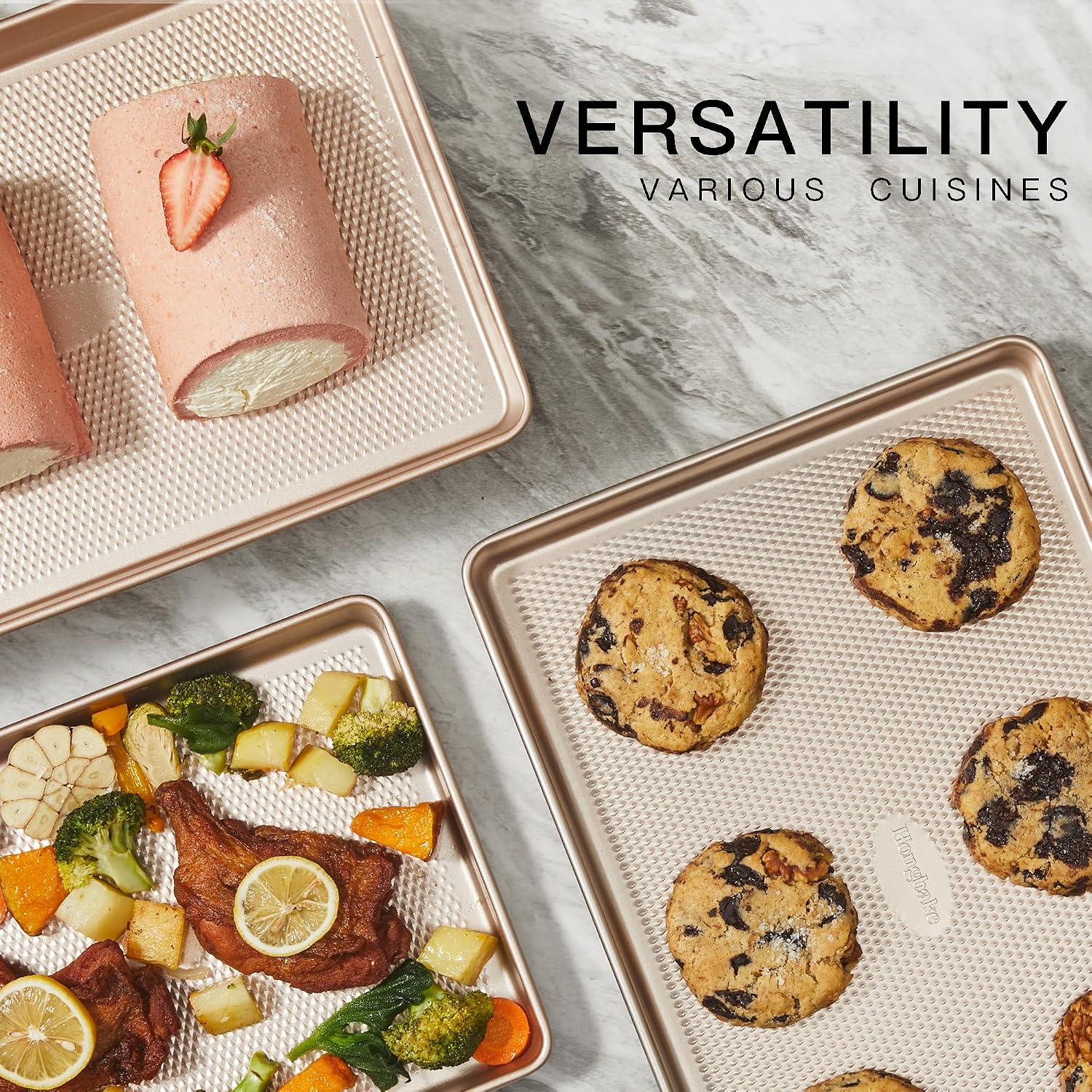 Detalle de HONGBAKE 2-Pack Half Sheet Baking Pans – Diamond Textured, 57% Thicker Carbon Steel Nonstick Sheets (17.5" x 12")