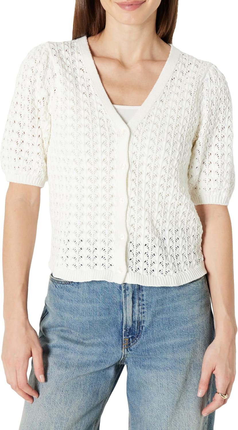 Detalle de Amazon Essentials Damen Kurzärmeliger Häkel-Cardigan aus Baumwolle – leichtes, atmungsaktives Sommertop mit V-Ausschnitt