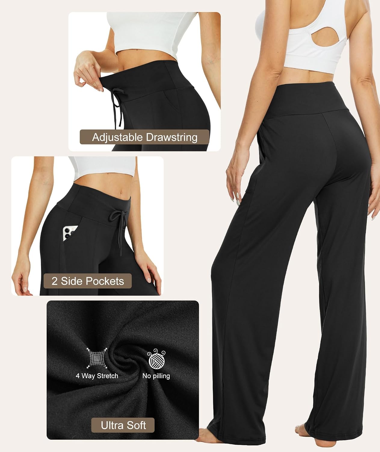 Detalle de TNNZEET 3-Pack Women's Wide-Leg Pants with Pockets and Drawstring Waist