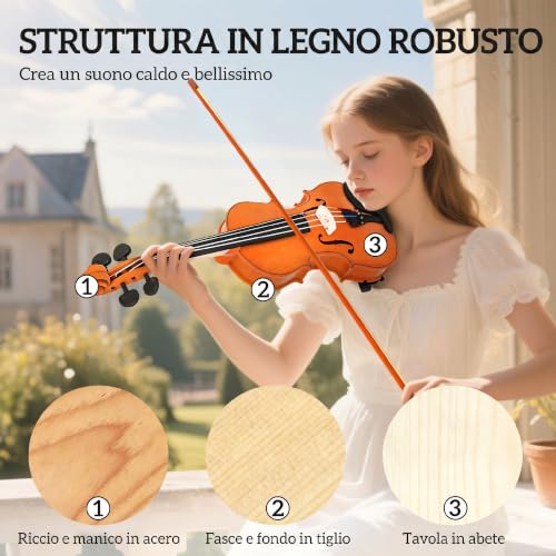Detalle de HOMCOM Violino 4/4 in Legno per Principianti e Adulti con Custodia – Kit completo