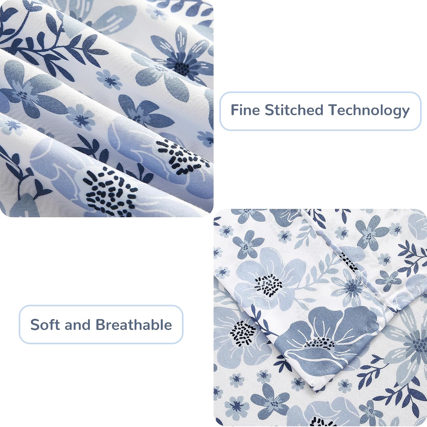 Detalle 2 de Mooreeke Floral Queen Microfibre Sheet Set, Blue Vintage Print, Deep-Pocket Fitted Sheet