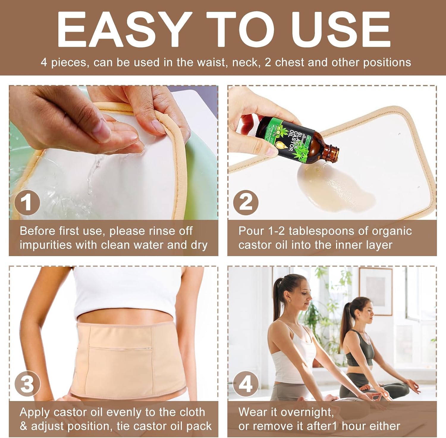 Detalle 2 de YHOVID RTGETHREFT Castor Oil Pack Wrap Kit, 4 Reusable Adjustable Pads