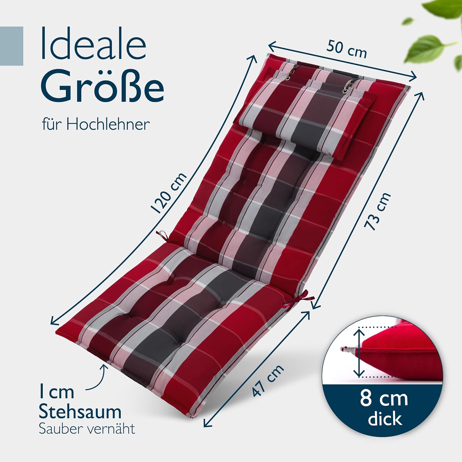 Detalle de Beautissu 7er Set Premium Hochlehner Auflage Kopfpolster 120x50cm Sun-HL – 8 cm Dick, rutschfest, UV-beständig