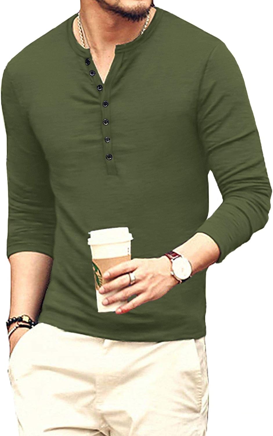 Detalle de KUYIGO Mens Cotton Slim Fit Henley Shirt with 7-Button Long Sleeve