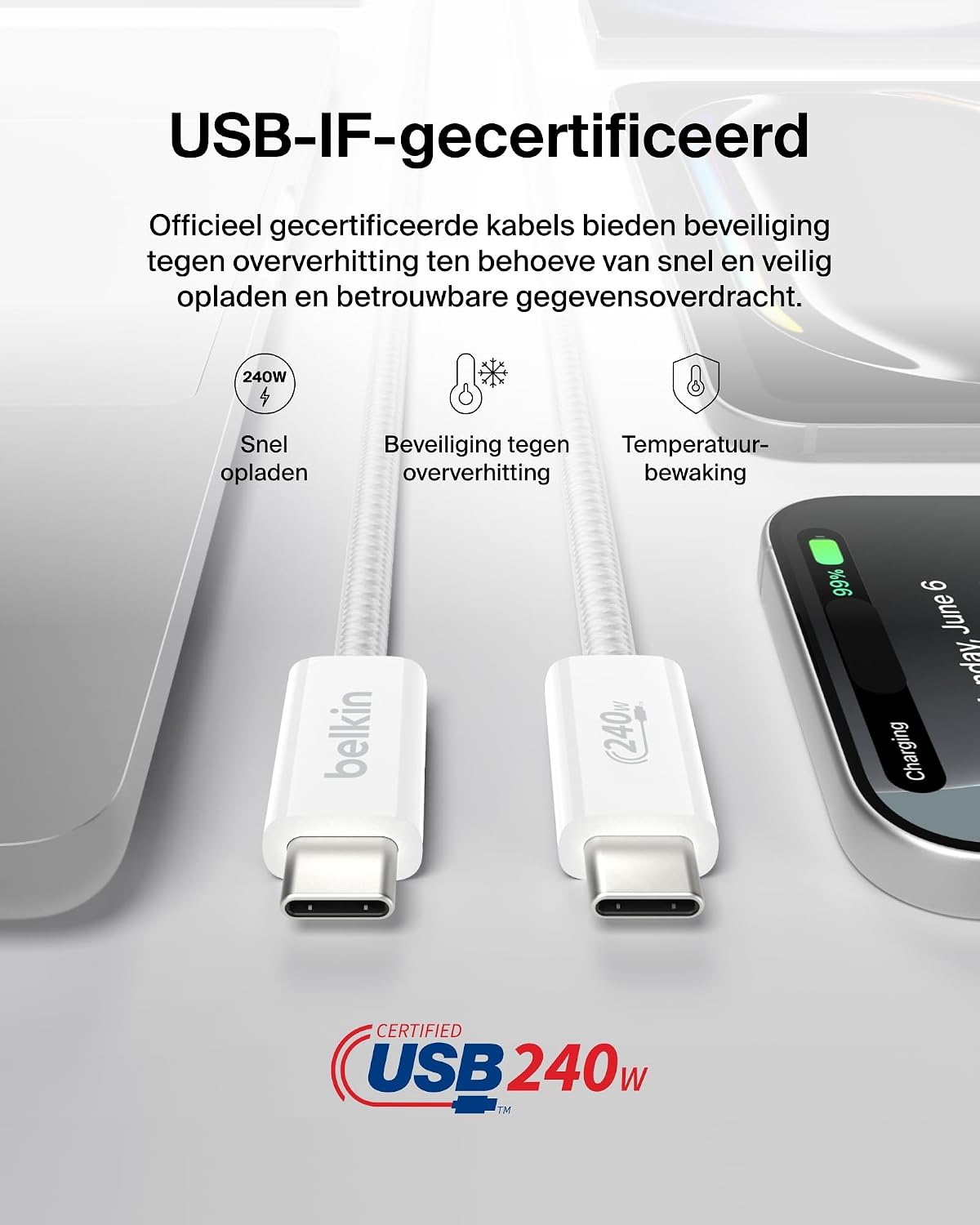Thumbnail 5 de Belkin BBD009hq05WH2PK gevlochten USB-C-kabels, 2-pack, 1,5 m, 240 W
