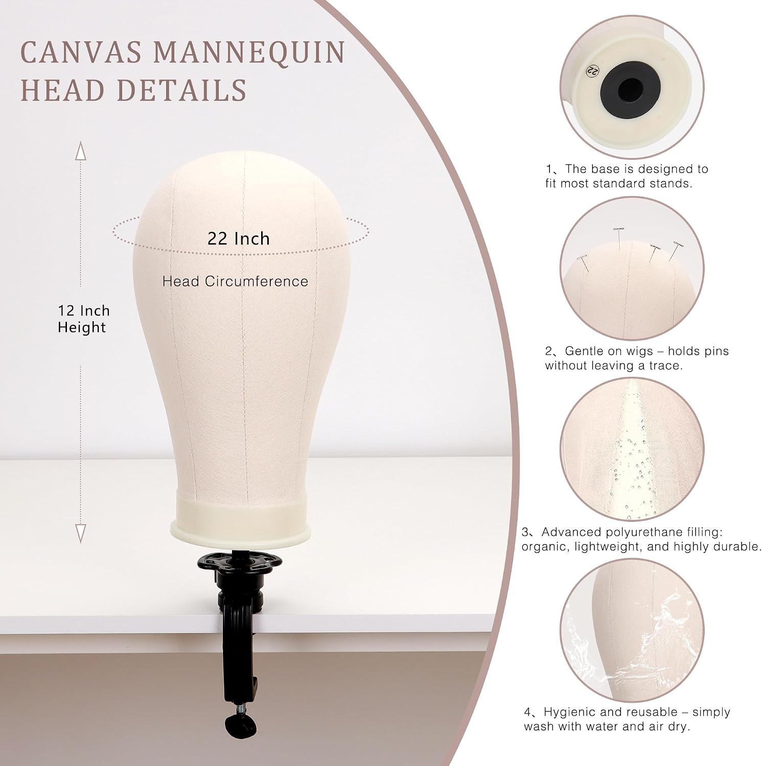 Thumbnail 2 de Demides 22'' Canvas Wig Head with 61'' Adjustable Tripod Stand – Mannequin Head Set for Styling, Display, and Practice