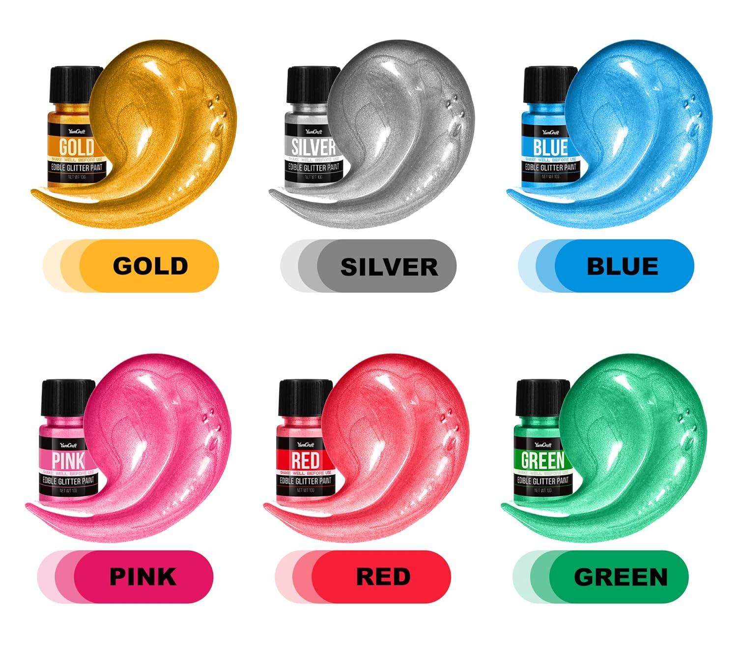 Detalle 2 de Flüssig essbarer Glitzer Set 6 Farben Metallisch – Metallic Glitzer für Kuchen und Backwaren