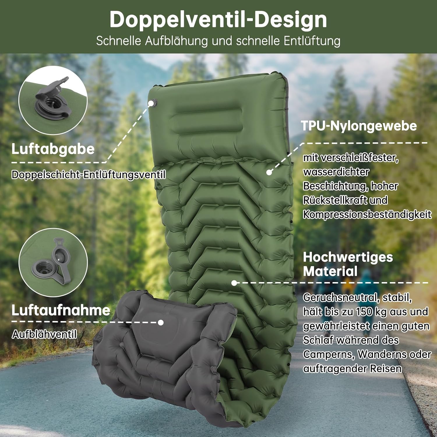 Thumbnail 3 de HAUSPROFI Isomatte Camping – ultraleichte Luftmatratze mit Fußpumpe & Kissen (9 cm), grün